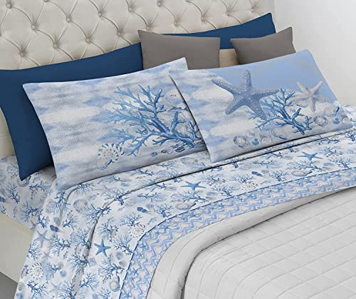 PELLECCHIA 1969 | Set Lenzuola Letto Fantasia Mare Coralli Conchiglie | 100% Cotone | Lenzuolo sopra,sotto con Angoli,Federa/e con Stampa in Entrambi i Lati | Matrimoniale, Marina blu