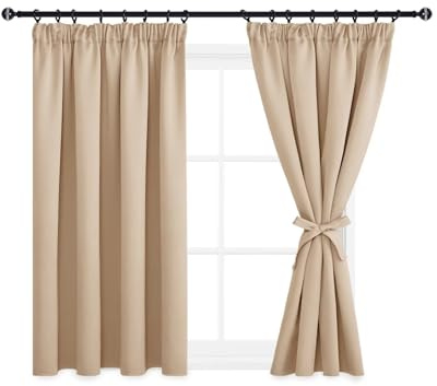 DWCN Beige Vorhänge KücheBlickdicht Kräuselband mit Vorhang-Krawatten | 145x140cm(HöhexBreite), 2er Set, Vorhänge Dunkel Thermogardine Verdunkelung, Wärmeisolierend Thermovorhang für Schlafzimmer