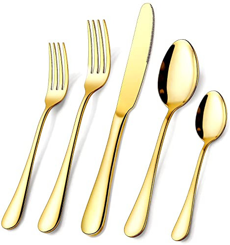 Gold Cutlery Set, OGORI 30 Piece Gold Stainless Steel Flatware Set, Tableware Silverware Set with Spoon Knife and Fork Set, Service for 6,Easy Clean, Mirror Polished, MHG572