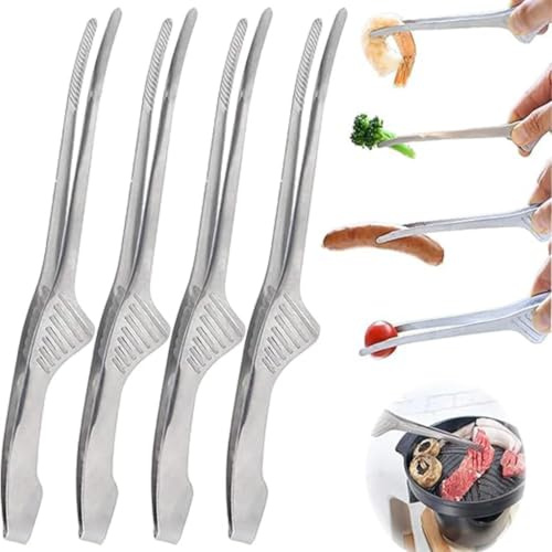 4 Pcs Stainless Steel Grill Tongs, Korean Japanese BBQ Tongs Kitchen Tongs, Ideal for Cooking Self-Standing Tongs for Salad, Grill, Camping, Buffet, Oven