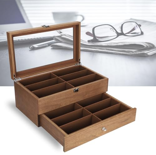12 Slot per Occhiali,Scatola per Occhiali da Sole con 2 Cassetti Organizer Occhiali da Sole con Serratura e Cassetti Raffinati Portaocchiali Multiplo Scatole Porta Occhiali per Gioielli ed Orologi