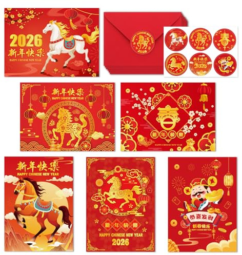 HOWAF 6 Biglietto Capodanno Cinese 2026, Biglietto Anno del Cavallo Biglietti Auguri con Buste Adesivo per Regalo Anno del Cavallo, Decorazioni Capodanno Cinese 2026