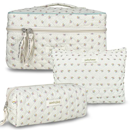 TOPALL Reise Kosmetiktasche Set Damen,Blumen Kosmetiktasche Aesthetic Make Up Bag Tasche Gesteppte Kulturtasche Beauty Case Baumwolle,Groß Schminktasche Travel Essentials Aesthetic Stuff Clean Girl