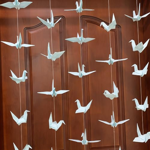 Large Sky Blue Origami Paper Crane Hanging Garlands (4strings x5.3ft) Premade Folded Handmade Origami Birds Streamers for Wedding Bridal Shower Baby Shower, Birthday, Party Supplies