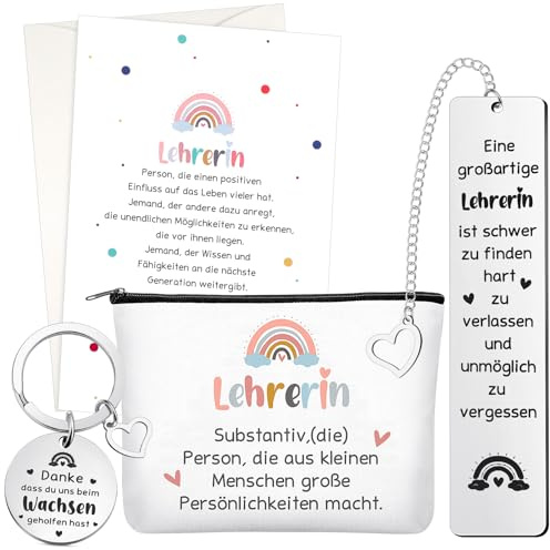 Tenare 5er Set Danke Geschenke zum Lehrertag, Lehrerin | Schlüsselanhänger mit Gravur, Lehrer Herz Metall Lesezeichen, Regenbögen Kosmetiktasche, Dankeskarte mit Umschlag