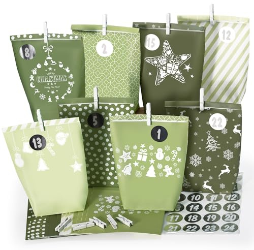 Adventskalender zum Befüllen Grün, Weihnachtskalender Papiertüten, Kraftpapiertüten zum selbst füllen,grüner Stil, 24 Bedruckte Geschenktüten für Kinder Junge und Mädchen, Wiederverwendbar