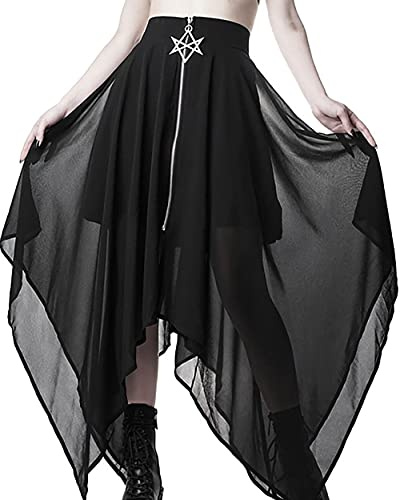 YINGWIN Tüllrock Damen Lang Schwarze Gothic Kleidung Damen Goth High Waist Pentagramm Verschönert Taschentuchsaum Röcke