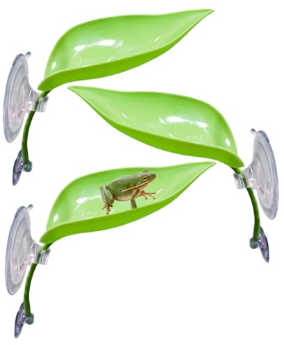 Confezione da 3 decorazioni a forma di foglia in plastica con ventose, piattaforma per habitat rana, decorazioni per rettili per terrario, accessori per acquario rane, decorazioni per terrario per
