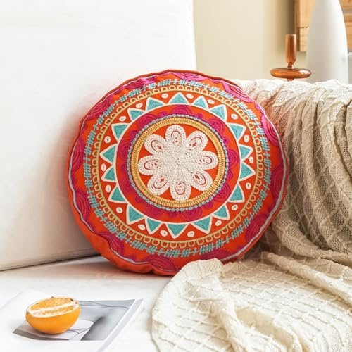 Zilimontt Housse de coussin ronde brodée à la main style ethnique pour canapé de salon, décoration d'intérieur bohème unique, coton et lin, 45 cm de diamètre (10)