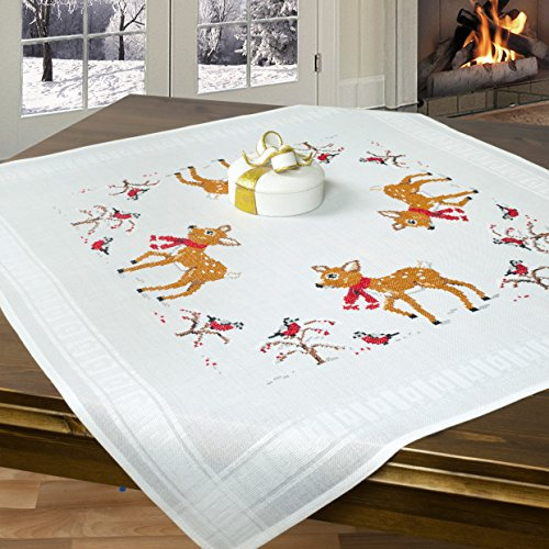 KAMACA Broderi bordsduk korsstygn förtecknade komplett broderiset med broderimall, broderisats för självbroderi, vuxna (rådjurkitz med halsduk MD 80 x 80 cm)