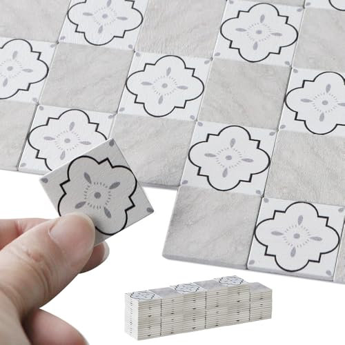 iLAND 115pc Double-Sided Wooden Dollhouse Flooring, French White Flower & Grey Marble Tiles, 1:12 Scale