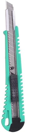 Cutter retráctil 9mm, guía de acero inoxidable, diseño ergonómico, seguro, ideal para precisión en corte y manualidades.