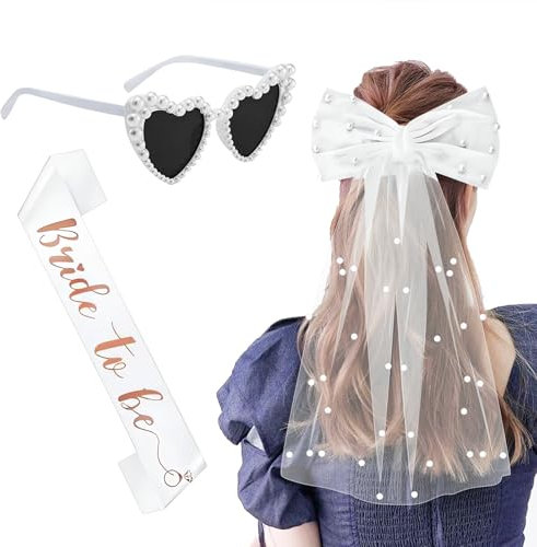 NYZQIW 3 Stück JGA Accessoires Frauen, Weiße JGA Schleier Braut, Bride to Be Schärpe, Herz Sonnenbrille Perle, JGA deko frauen, für Junggesellenabschied Brautparty und Hochzeitsfotografie