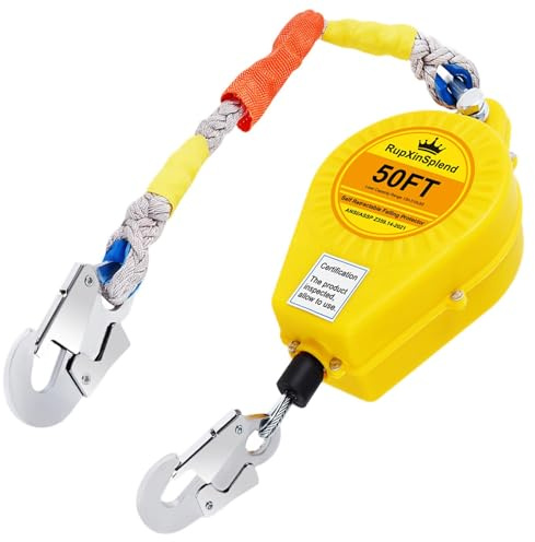 RupXinSplend Fall Arrester Protector Self Retractable 50FT Fall Protection Gear Double Locking, Dual PPE+Alloy Steel housing Heavy Duty Lifeline Safety Lanyard Rope Cable Wire Roofing Construction