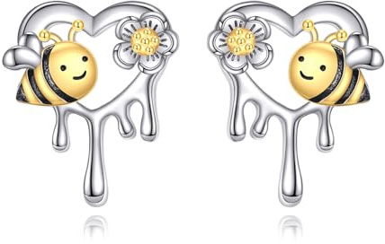 ONEFINITY bin örhängen för kvinnor 925 sterlingsilver honung med bi hjärta örhängen blommor örhängen smycken presenter, Sterlingsilver, Ingen ädelsten