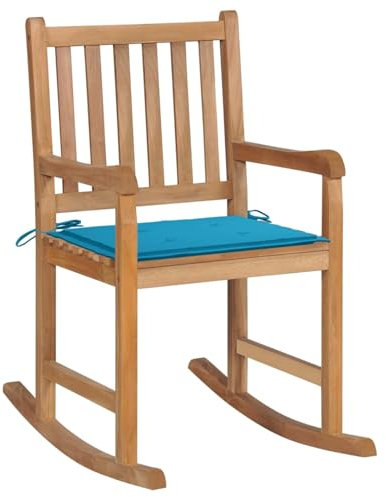 Xichuzi Silla Mecedora de Madera Maciza de Teca con cojín, Silla Balancin, Mecedora Jardin Exterior, Sillas Terraza Exterior, Silla Terraza, Azul