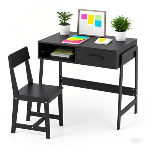 LIFEZEAL Juego de sillas de Escritorio para niños, Escritorio de Madera con cajones y Estante, Grupo de Asientos Infantiles para el hogar y la Escuela, Escritorio de Estudiantes (Negro)