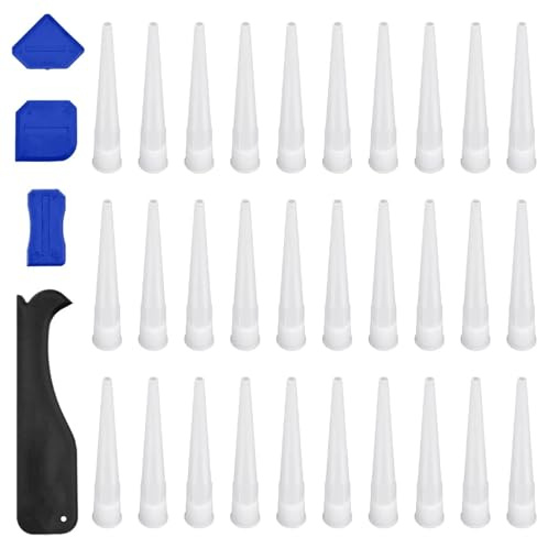 30 Pièces Canule Silicone, DEANKEJI Embout Cartouche Silicone, PP Joint Silicone, Blanc Silicone Transparent avec Spatule pour Adhésifs, Mastics ou Pistolet Silicone
