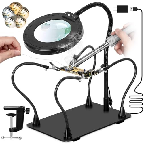 KUVRS 30X/12X Bifocals Magnifying Glass with Light and Stand, 14.2'' Magnetic Soldering Helping Hands, 5 Color Stepless Dimmable, Large Base & Clamp LED Magnifier for Repair Craft Hobby Model Painting