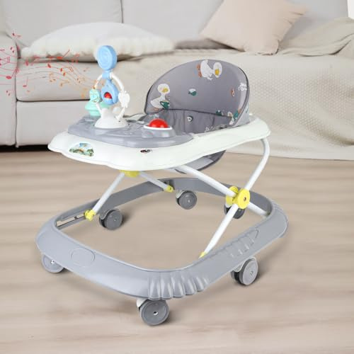 Lauflernhilfe für Babys, mitwachsend, mit Spieluhr und Lichtern, waschbares Sitzkissen für Kinder von 6 bis 18 Monaten – 58 x 55 x 65 cm, grau