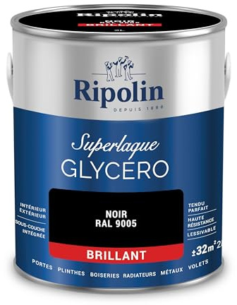 RIPOLIN Peinture Laque Glycéro Intérieure/Extérieure Noir Ral 9005 2 L | Tendu, Résistance Accrue, Très Lessivable, Résistance aux Taches, Finition Brillante, Intérieur/Extérieur, Brillant