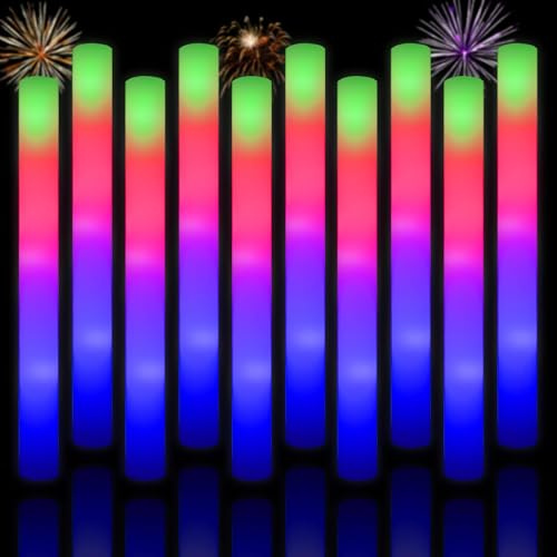 10pcs Foam Glow Sticks, Foam Light Up Sticks Glow in The Dark Party Supplies with 3 Mode Colorful Flashing, LED Foam Sticks Neon Party Supplies for Wedding, Bth, Halloween, Raves, Concert, New Yea