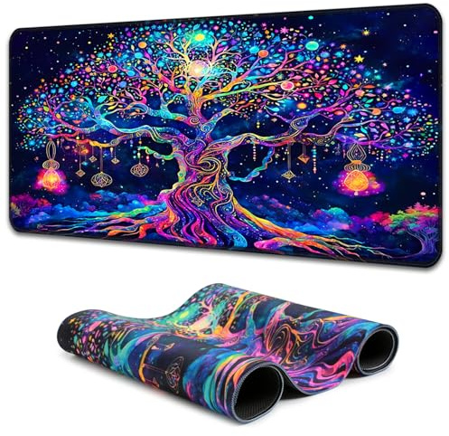 Simpkeely Colorful Tree of Life Mouse Pad, Blacklight Gaming Extended Large Desk Pad, UV Reactive Waterproof Long Keyboard Big Mouse Mat with 3mm Non-Slip Rubber Base for Office Home - 80 x 30cm