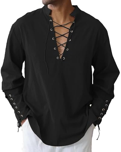 JESDM Herren Mittelalter Hemd Leinenhemd Schnürung Piratenhemd Renaissance Wikinger Shirt Stehkragen Schwarz L