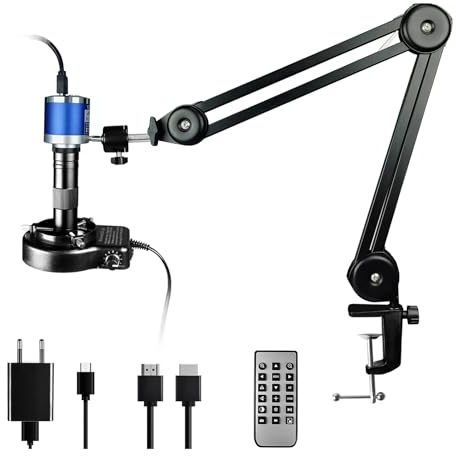 HDMI Digital Microscope with 48MP 4K Resolution, LED Ring Light, and Flexible Arm for Industrial Observation, Soldering, and Electronic Repairs