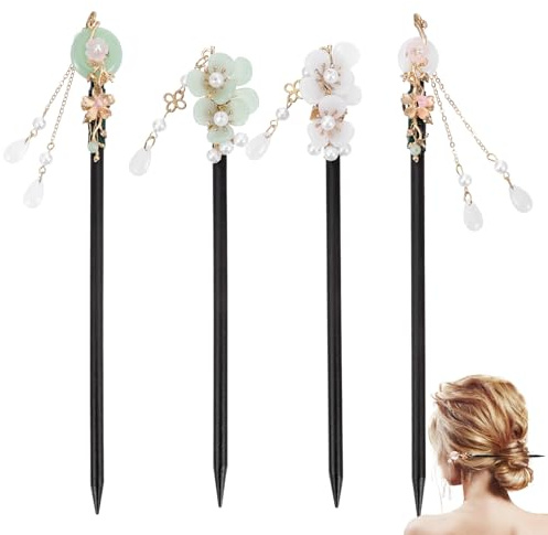 4PCS Chinese Wooden Hair Stick, Hair Chopsticks for Women, Retro Hairs Sticks for Buns, Wooden Hairpins Handmade Flower Accessories