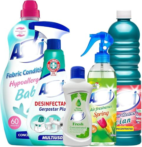 5 Piece Household Spanish Cleaning Products Bundle Giftset with Spring Fresh Air Freshener 400ml, Fresh Liquid Drops 165ml, Multipurpose Disinfectant 750ml, Cian Floor Cleaner 1L, Baby Fabric Softener