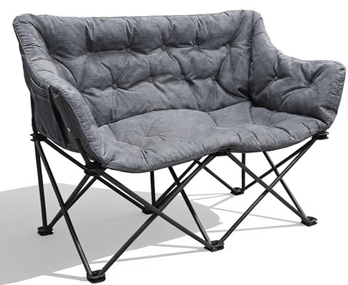 RELAX FIELD Dubbel campingstol, vikbar, campingsoffa för 2 personer 320 kg, campingfåtölj vadderad, campingsoffa med 2-sitsig för utomhus inomhus, grå