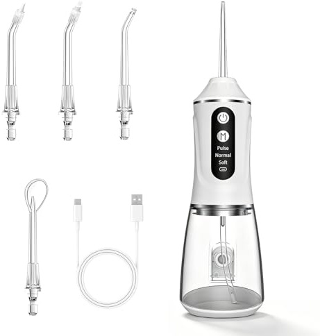 Munddusche Testsieger 2025 mit 4 Düseni, 380ML Wassertank Munddusche Kabellos Elektrischer, 3 Modi Water Flosser Zahnzwischenraumreiniger, Mundpflege, IPX7 Wasserdicht, für Hause und Reisen（Weiß）