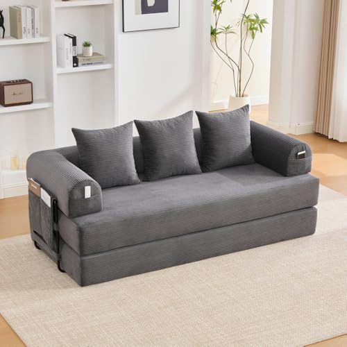 Lubvtti Divano letto 3 posti con tasche laterali più 3 cuscini,robusta struttura in metallo,divano modulare pieghevole a compressione,divano 3 posti in Velluto a coste (A-Grigio scuro+3 posti)