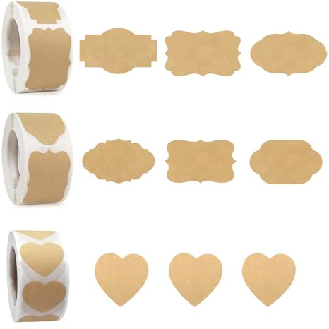 Katyjun 1000 St Vintage Kraft Etiketten selbstklebend mit starker Klebkraft – Aufkleber zum beschriften für Marmeladengläser und Präsente – Klebeetiketten aus Vintage Kraftpapier in 3 Formen