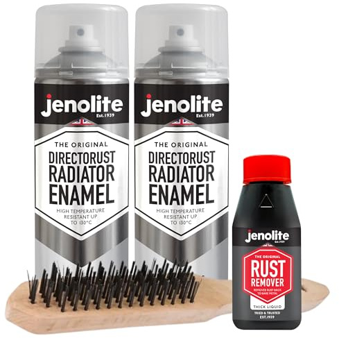 JENOLITE Radiator Restoration Kit for Cast Iron & Steel Radiators. Silver Radiator Spray Paint 2x400ml, Rust Remover Thick Liquid 150ml, Wire Brush. Restore rusty radiators without replacement