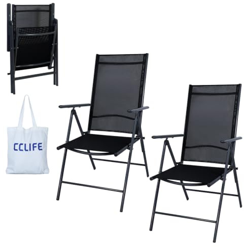 CCLIFE Trädgårdsstolar, set om 2 med märkes-kanvas-shoppingväska, trädgårdsstol hopfällbar med hög rygg, balkongstolar 7-vägs justerbar upp till 150 kg, mörkgrå