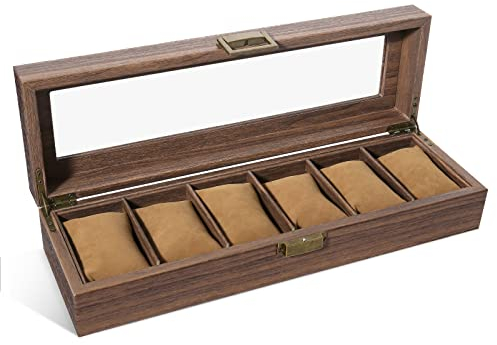 Uten Uhrenbox für 6 Uhren, Uhrenkasten mit großer Fächern und klarem Deckel, Uhrenschatulle Uhrenaufbewahrungsbox aus PU Leder, Geschenkidee Herren Damen