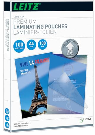 Leitz Heißlaminierfolien A4 100 mic, Laminierfolien in Premium-Qualität im 100er Pack, Glänzend, Transparent, Vereinfachtes Einlegen durch UDT, iLAM, 74800000