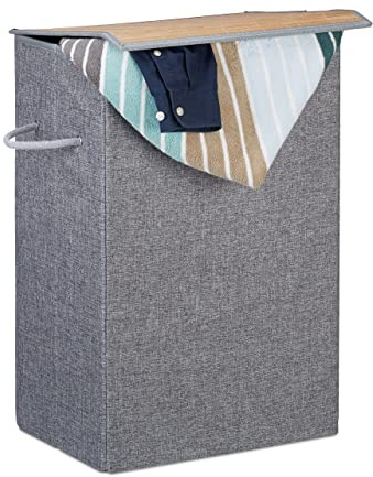 Relaxdays Cesto Ropa Sucia Rectangular con Tapa, Tela y Bambú, Gris, 60 Litros