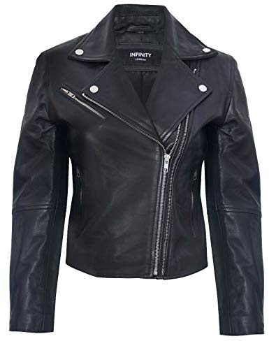 Chaqueta de Mujer de Cuero Clásico Para Damas Biker Style Negro