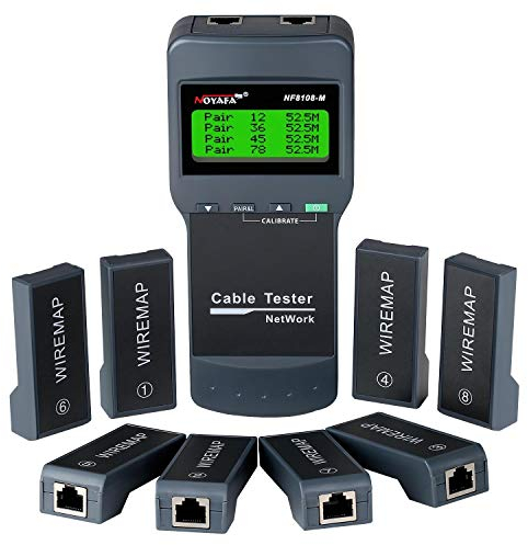 NOYAFA - Probador de cables de red - Buscador de fallos de cable para RJ45 Cat5, Cat6, 5e, 6e, mide la longitud, localiza el punto de rotura, comprueba el error de cableado con 8 conectores de prueba