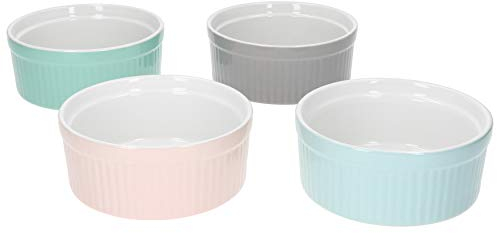 MamboCat Lot de 4 moules à muffins Lotti rose, gris, bleu, vert, 200 ml, mini moule en céramique rond, pour crème brûlée, petits bols à dessert, moules à soufflé, passent au four Ø 11,5 cm