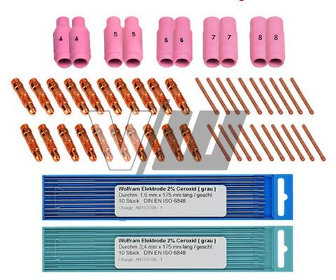 WIG Verschleißteile WP-26 - Ersatzteil Set - 70 Teile - Gasdüsen, Spannhülsen, Wolframelektroden, Stromelektroden - VECTOR WELDING