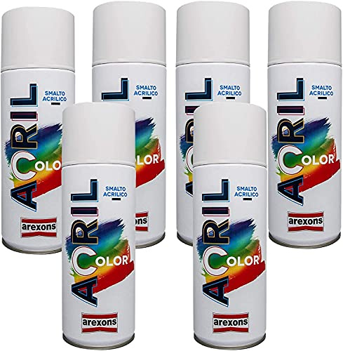 Vernice spray confezione 6 pezzi bomboletta smalto acrilico valvola autopulente per tutte le superfici arexons (Bianco Lucido)