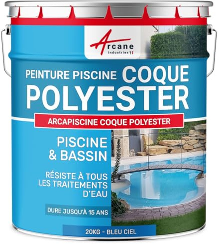 ARCANE INDUSTRIES Peinture Piscine Coque Polyester, Peinture Hydrofuge imperméabilisante, Piscine et Bassin - 20 kg (jusqu'à 65m² en 2 couches) Bleu Ciel - RAL 5015