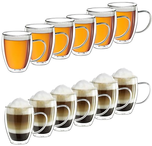 Creano Thermogläser doppelwandig 400ml „DG-HH“, 12er Set, große doppelwandige Gläser aus Borosilikatglas, Kaffeegläser, Teegläser, Latte Macchiato Gläser