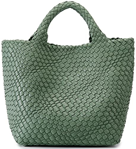 JQTOP Gewebte Tasche für Damen, veganes Leder, Tragetasche, groß, Sommer, Strand, Reisen, Handtasche und Geldbörse, Retro, handgefertigte Umhängetasche, Bean Green, L, Tragetasche