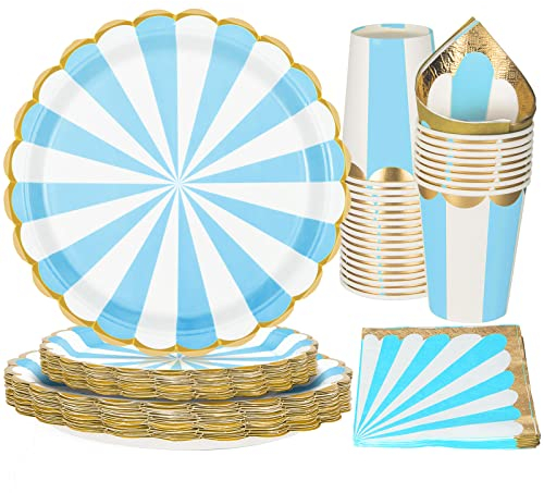 PARTY GO 96 piezas de vajilla para fiestas para 24 invitados con plato de rayas desechables de papel para fiestas, tazas de servilletas, platos de papel para cumpleaños, bodas ducha, compromiso, boda