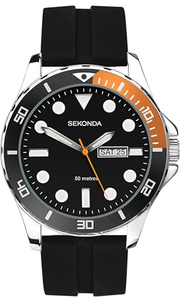 Sekonda Mens 43mm Balearic Analogue Sports Watch with Day Date Window Fixed Bezel Rubber Strap Water Resistant 50 metres | 50 Metres Water Resistance, mineral glass crystal, day and date display, ion-plated case